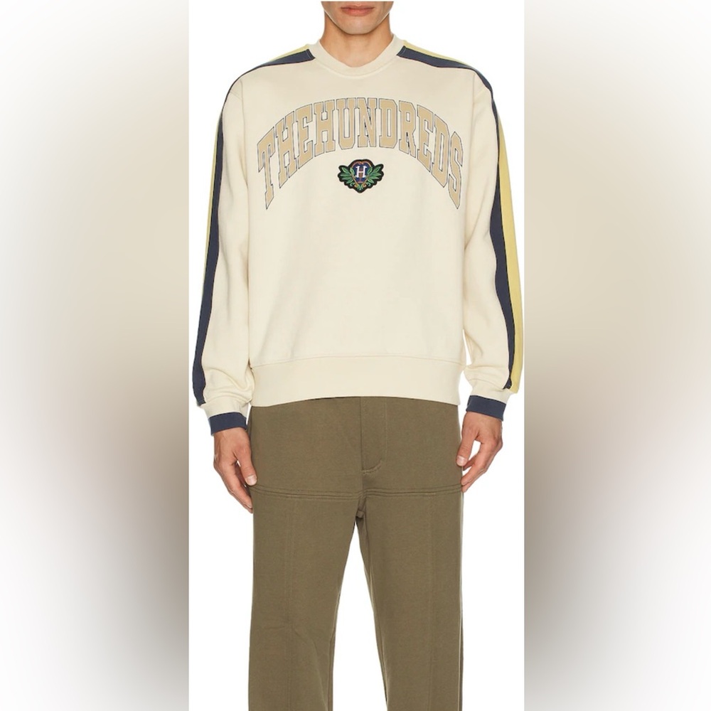 The Hundreds Cream Crewneck with Navy & Yellow Sleeve Stripes SZ X-LARGE NEW